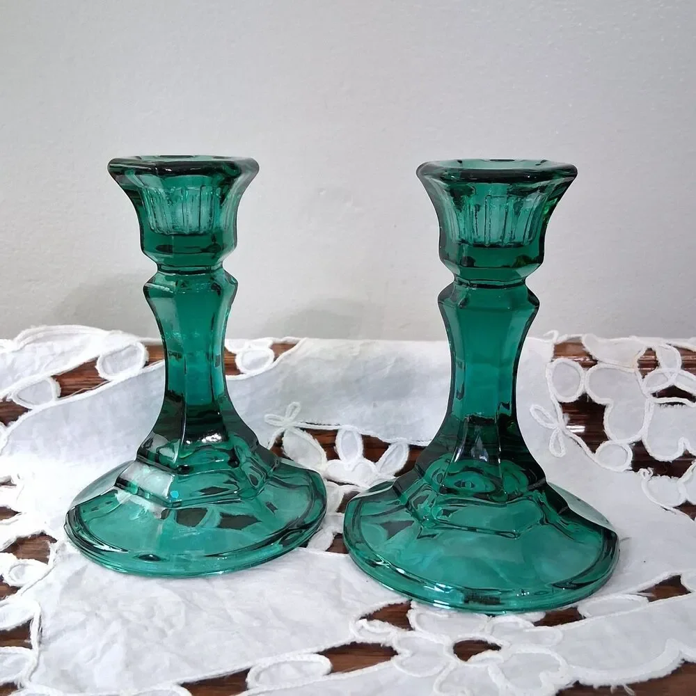Vintage Pair Of Emerald Green Glass Candle Stick Holder 4.5